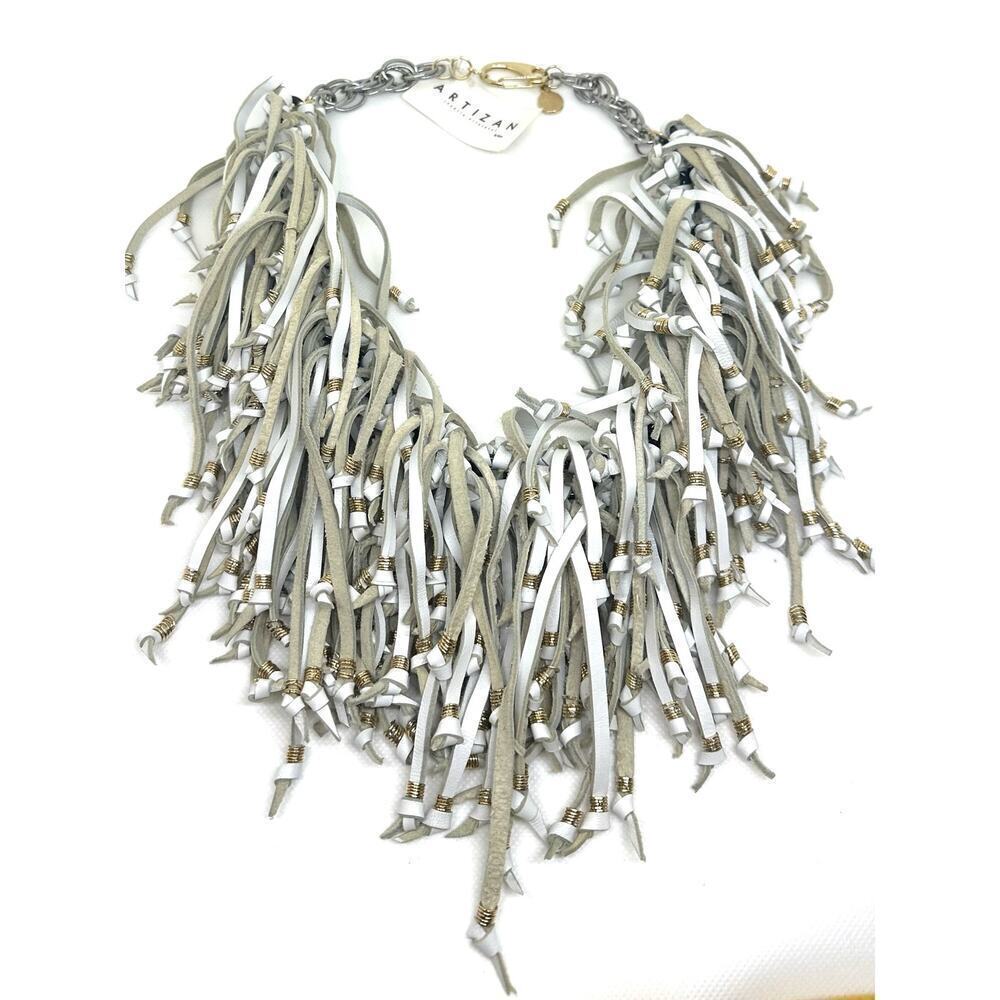 ARTIZAN Joyeria NWT Leather Fringe Tassel Bib Statement Necklace Gold Silver 23”
